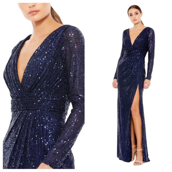 NWT IEENA for MAC DUGGAL Midnight Sequined Long Sleeve Gown High Slit - Picture 1 of 12